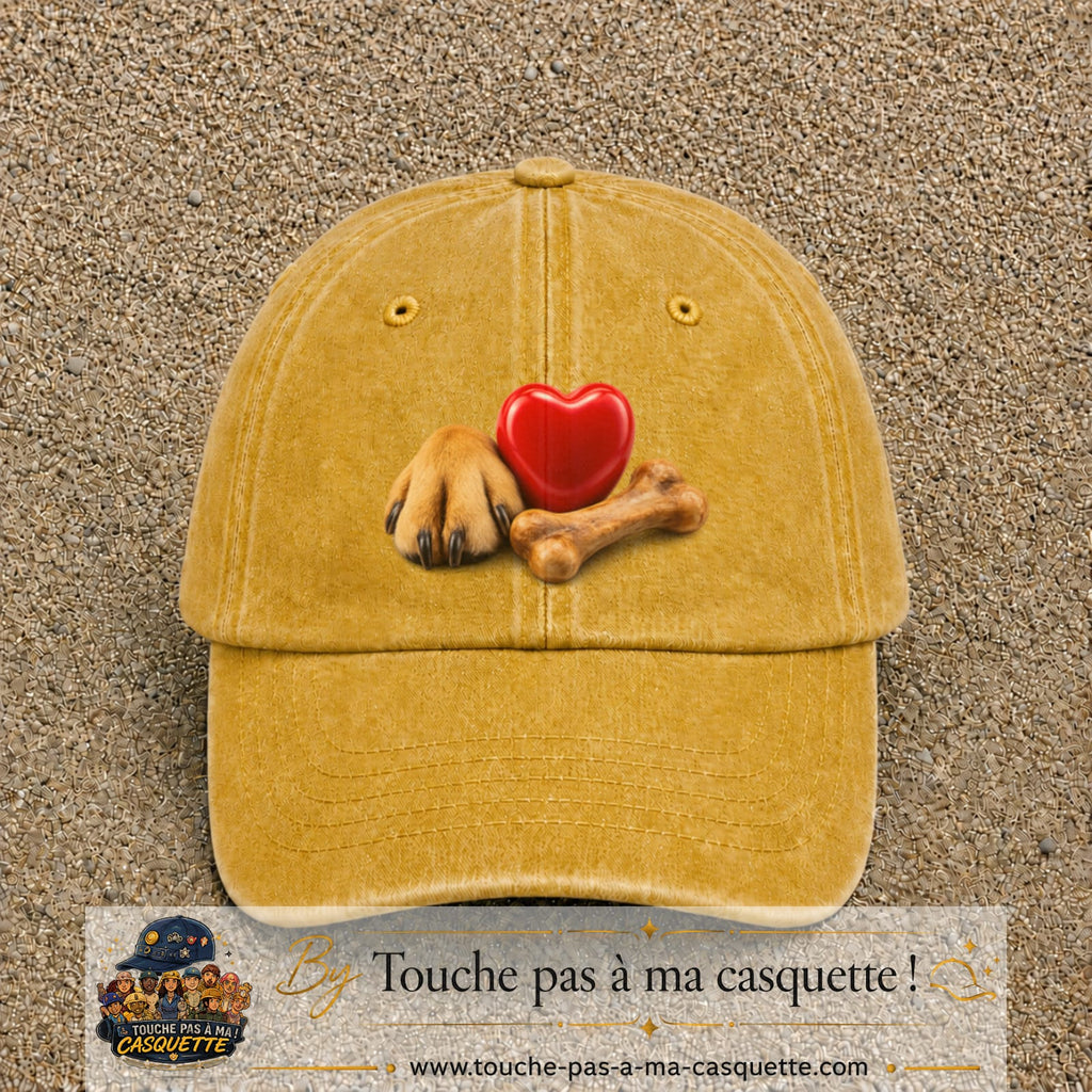 Casquette Jaune délavé - Moutarde délavé motif Patte de chien et cœur logo 7 cm