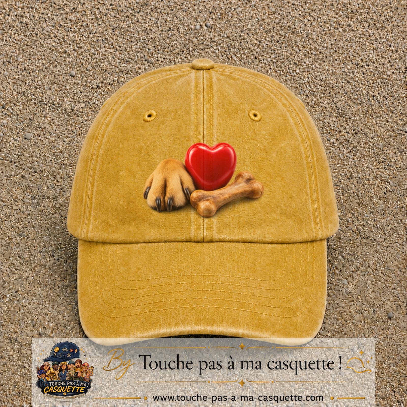 Casquette Jaune délavé - Moutarde délavé motif Patte de chien et cœur logo 7 cm