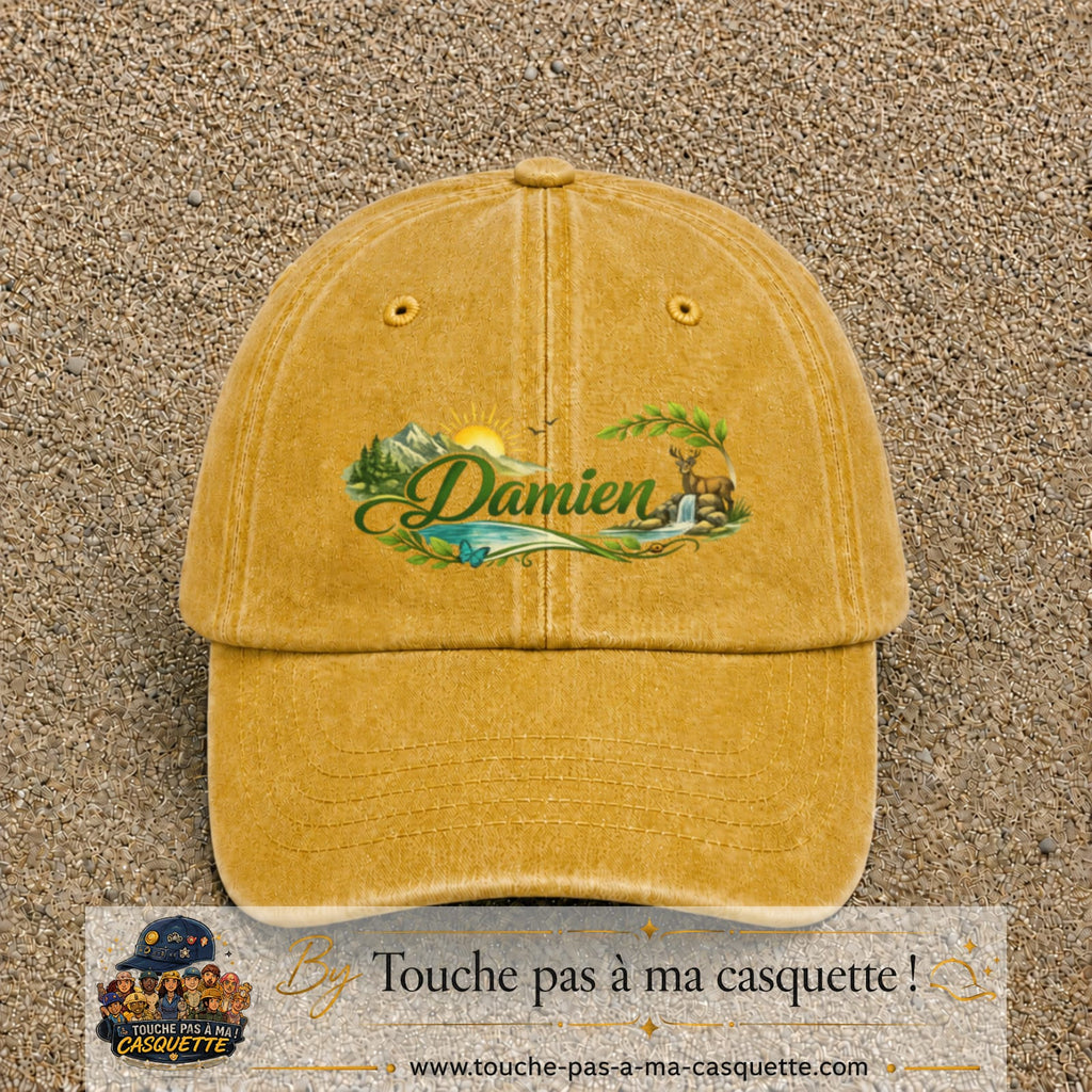 Casquette Jaune délavé - Moutarde délavé avec motif Prénom Damien nature et cerf en 7 cm – vue principale