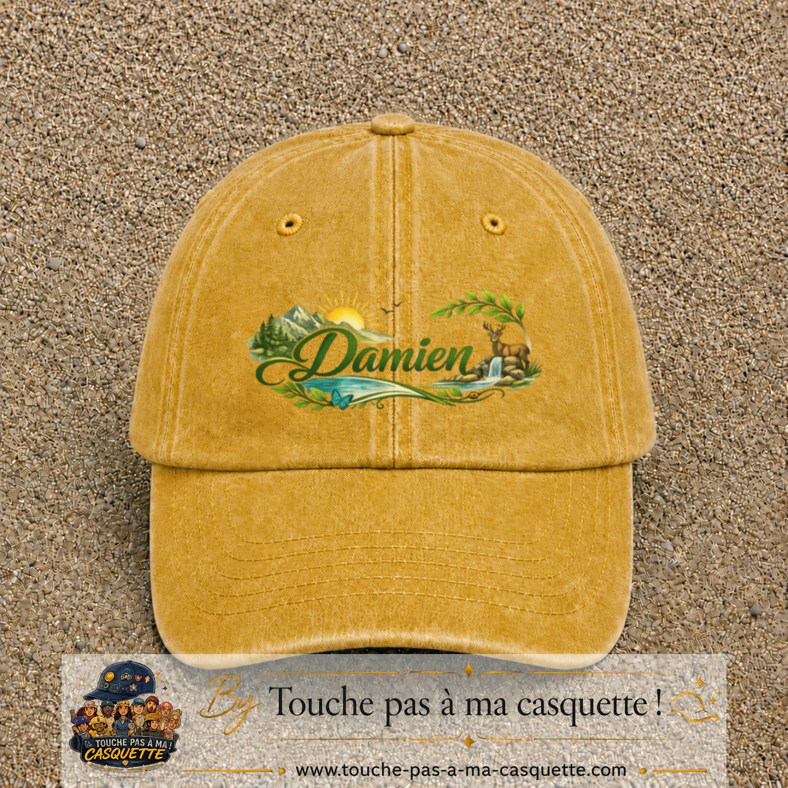 Casquette Jaune délavé - Moutarde délavé avec motif Prénom Damien nature et cerf en 7 cm – vue principale
