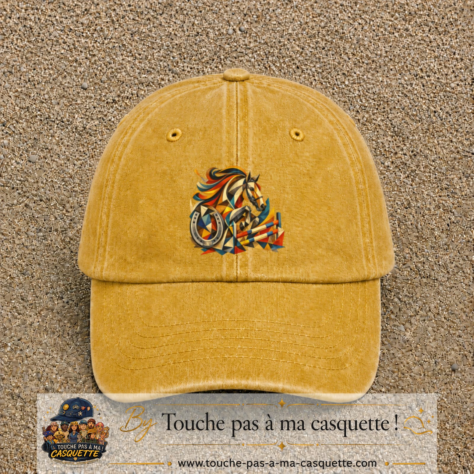 Image principale casquette Jaune délavé - Moutarde délavé avec motif Cheval de concours 7 cm