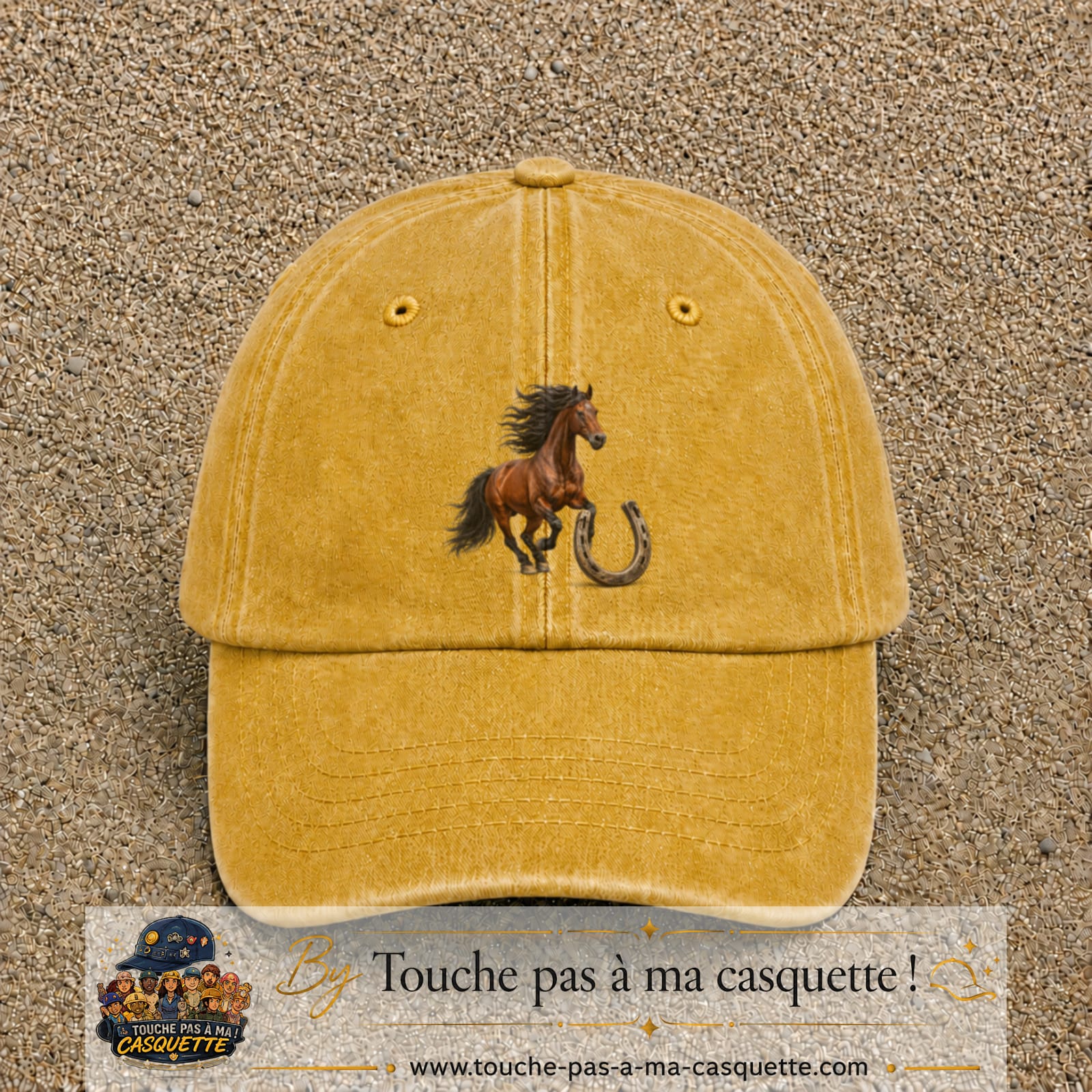Image principale casquette Jaune délavé - Moutarde délavé avec motif Cheval et fer porte-bonheur 7 cm