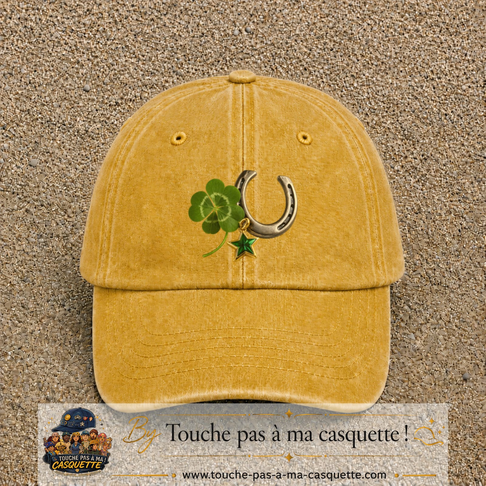 Image principale casquette Jaune délavé - Moutarde délavé avec motif Trèfle et fer à cheval 7 cm