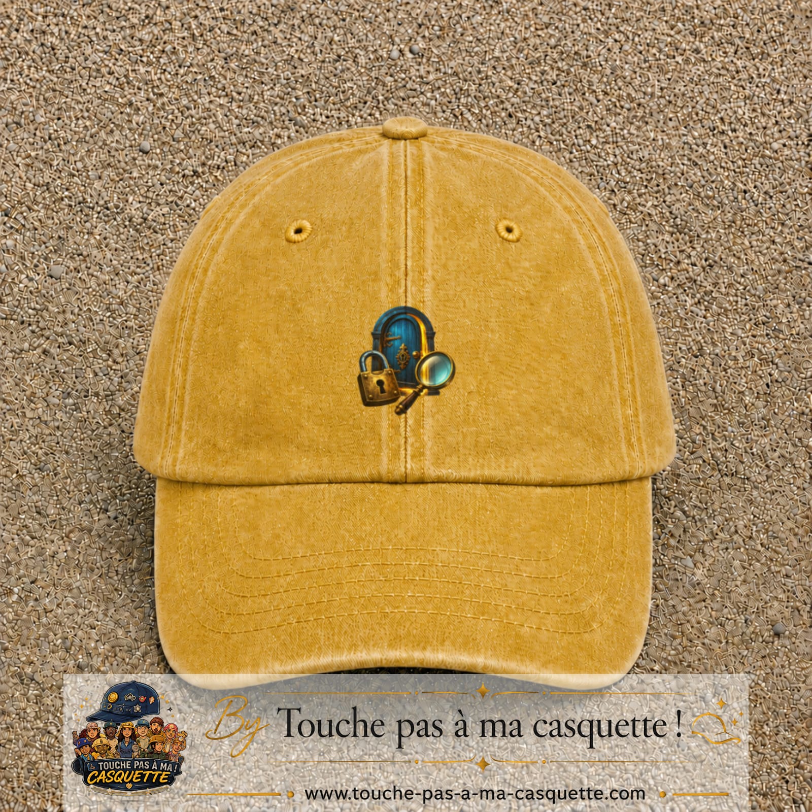 Casquette Jaune délavé - Moutarde délavé avec motif Porte mystérieuse avec cadenas en 5 cm – vue principale