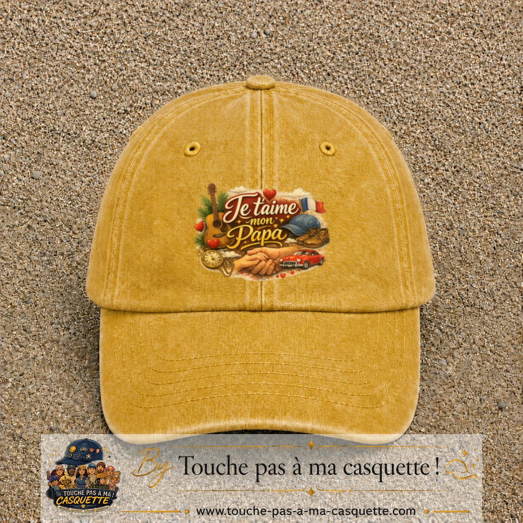 Casquette Jaune délavé - Moutarde délavé avec motif Je t’aime mon Papa et ses passions en 7 cm – vue principale