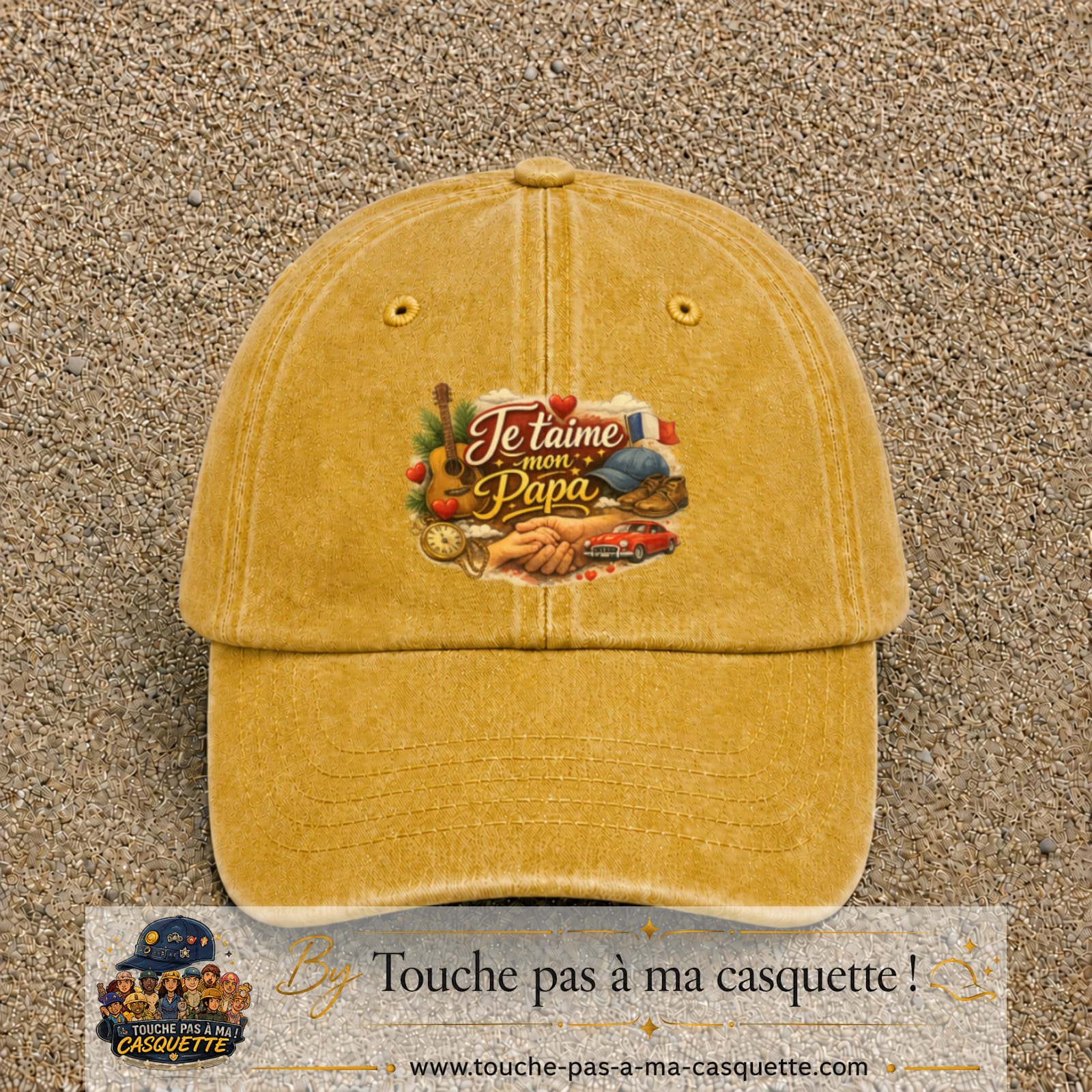 Casquette Jaune délavé - Moutarde délavé avec motif Je t’aime mon Papa et ses passions en 7 cm – vue principale