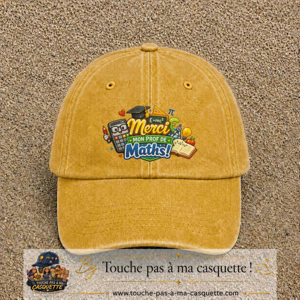 Casquette Jaune délavé - Moutarde délavé avec motif Merci mon prof de maths en 7 cm – vue principale