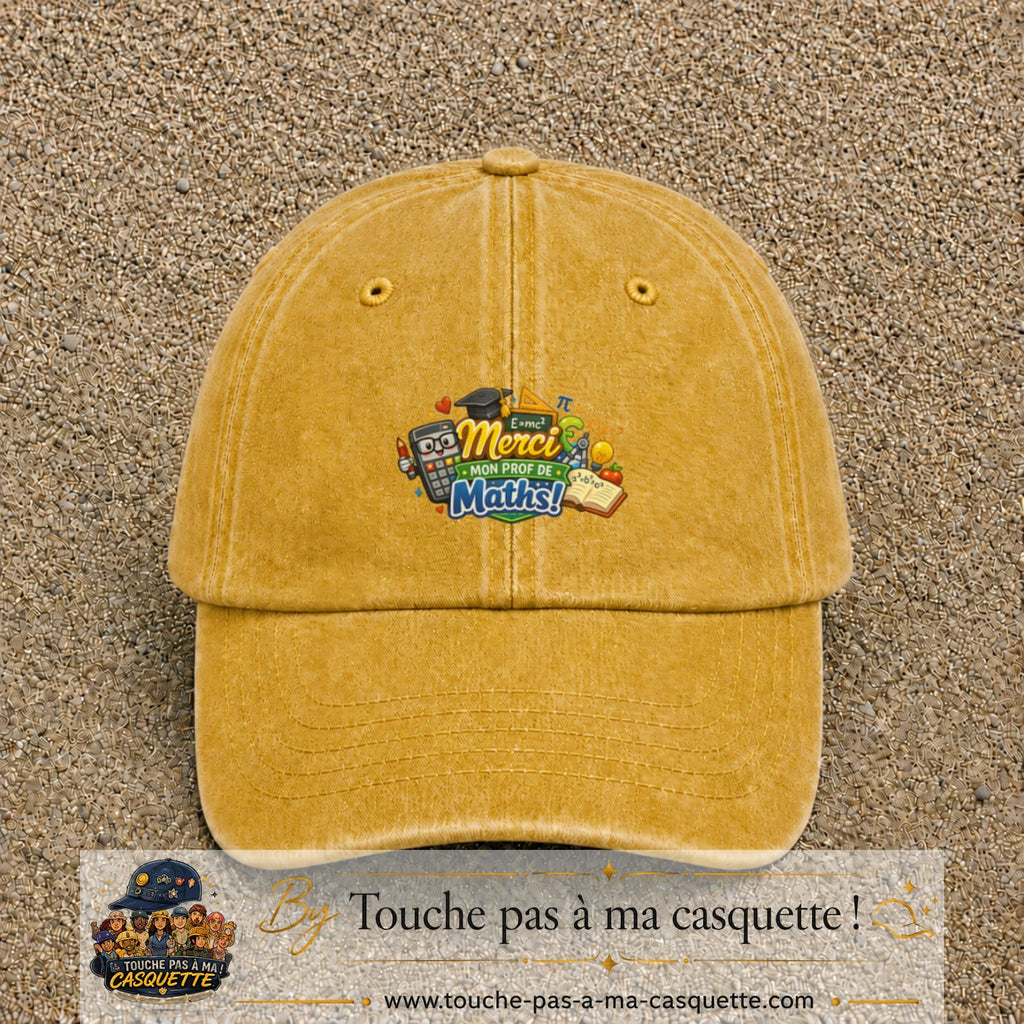 Casquette Jaune délavé - Moutarde délavé avec motif Merci mon prof de maths en 5 cm – vue principale