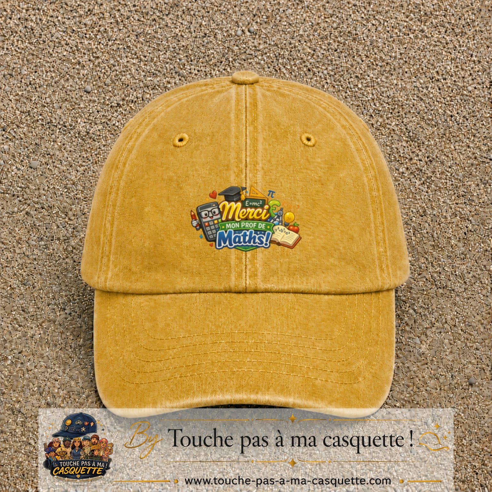 Casquette Jaune délavé - Moutarde délavé avec motif Merci mon prof de maths en 5 cm – vue principale