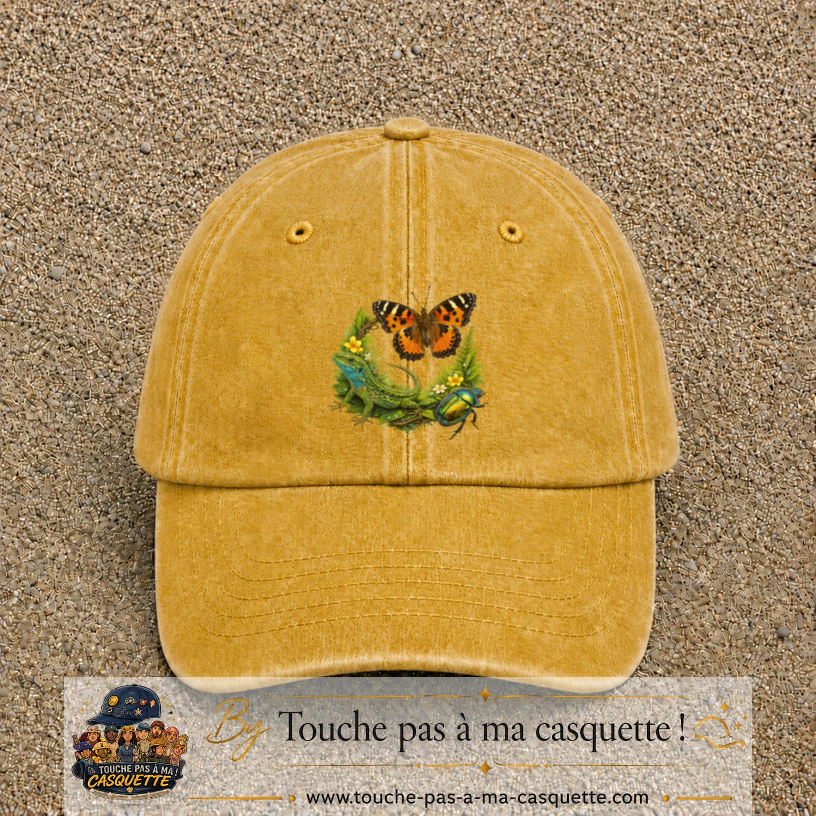 Image principale casquette Jaune délavé - Moutarde délavé avec motif Papillon et lézard 7 cm