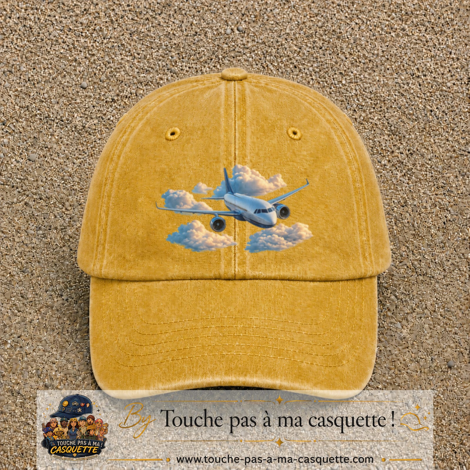 Image principale casquette Jaune délavé - Moutarde délavé avec motif Avion dans les nuages 7 cm