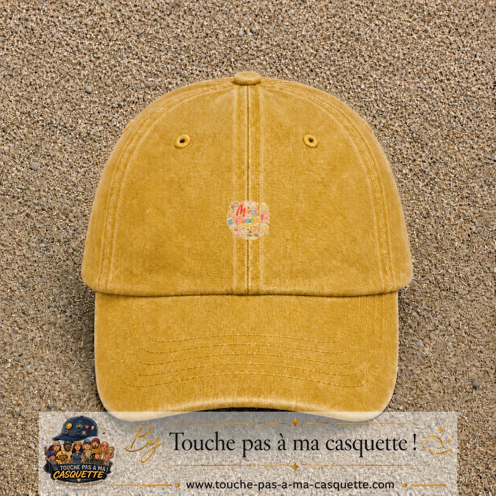 Casquette Jaune délavé - Moutarde délavé avec motif Merci les Fiancés en 3 cm – vue principale