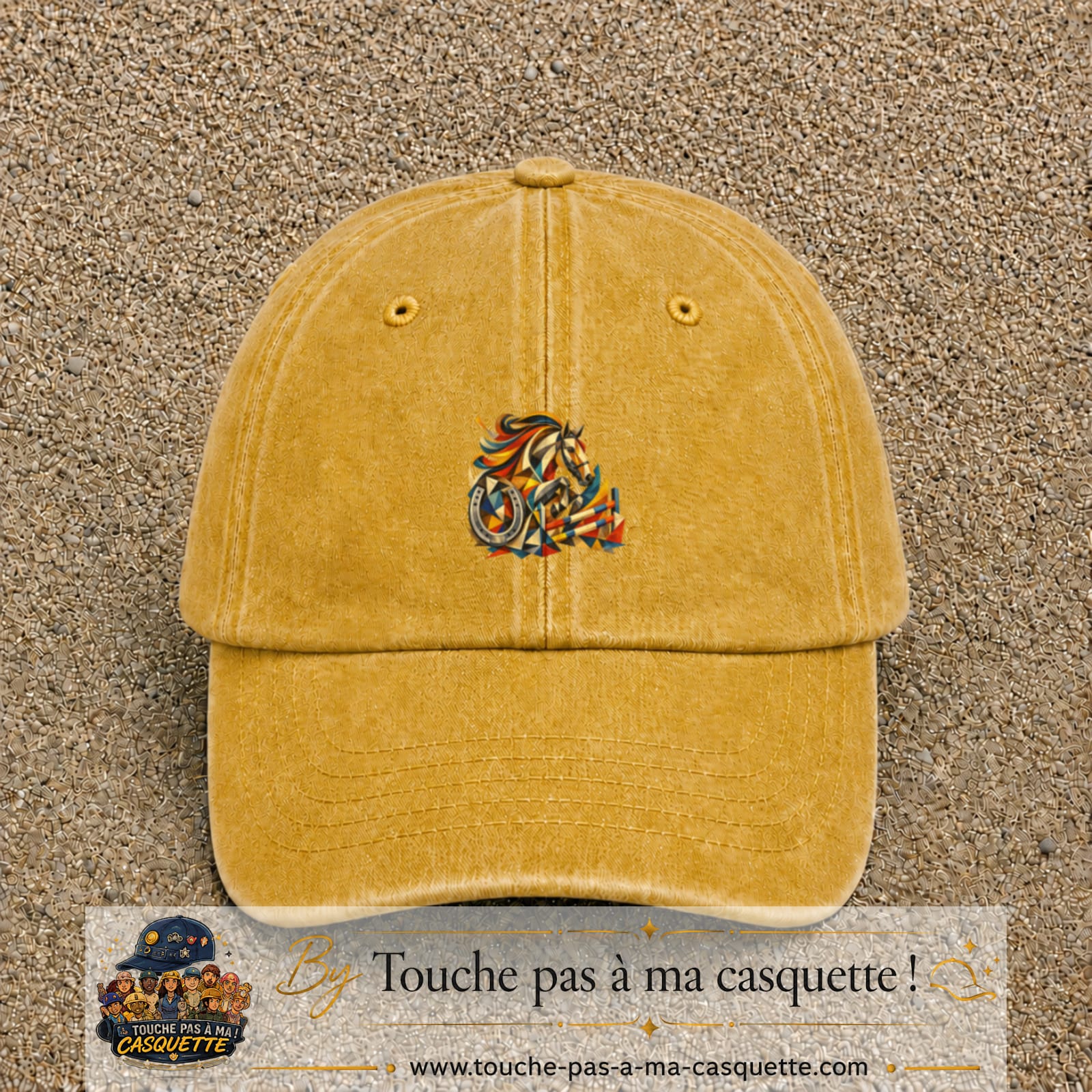 Image principale casquette Jaune délavé - Moutarde délavé avec motif Cheval de concours 5 cm