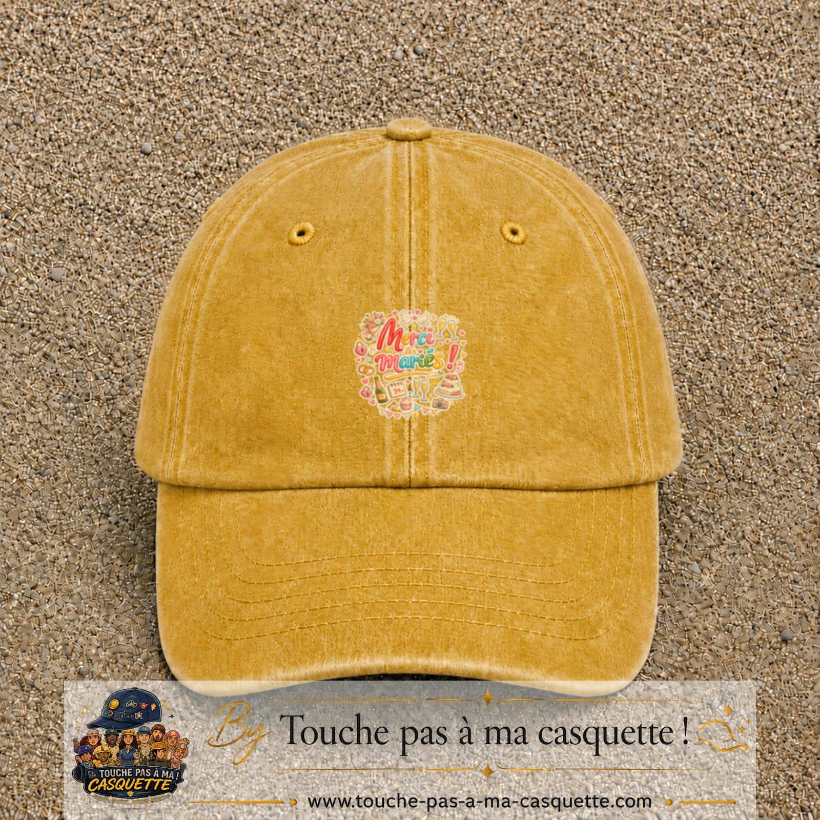 Casquette Jaune délavé - Moutarde délavé avec motif Merci les Mariés en 5 cm – vue principale