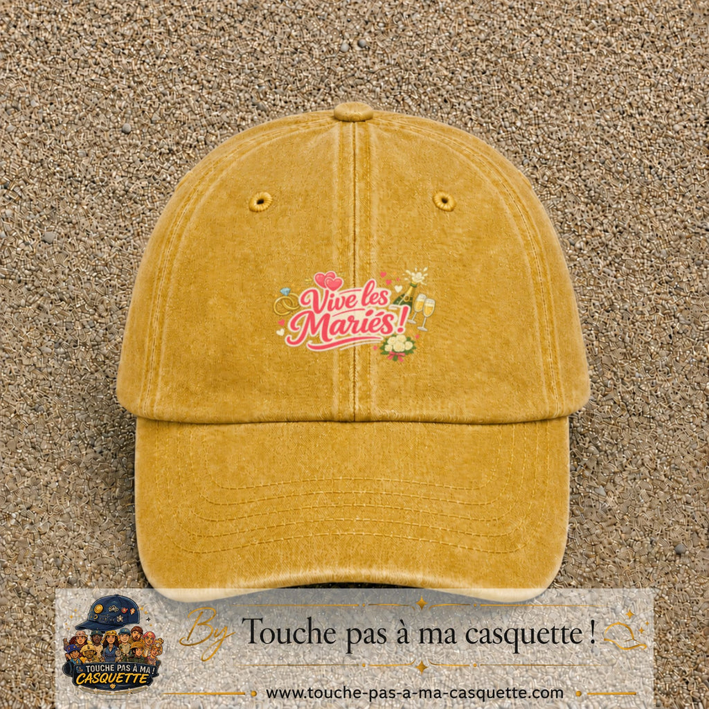 Casquette Jaune délavé - Moutarde délavé avec motif Vive les Mariés en 5 cm – vue principale