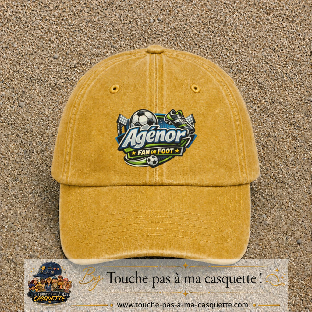 Casquette Jaune délavé - Moutarde délavé avec motif Agénor fan de foot en 7 cm – vue principale