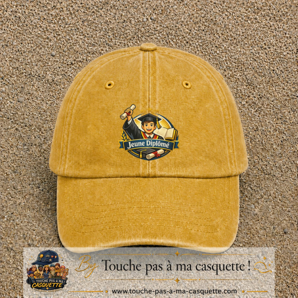 Casquette Jaune délavé - Moutarde délavé avec motif Jeune Diplômé en 7 cm – vue principale