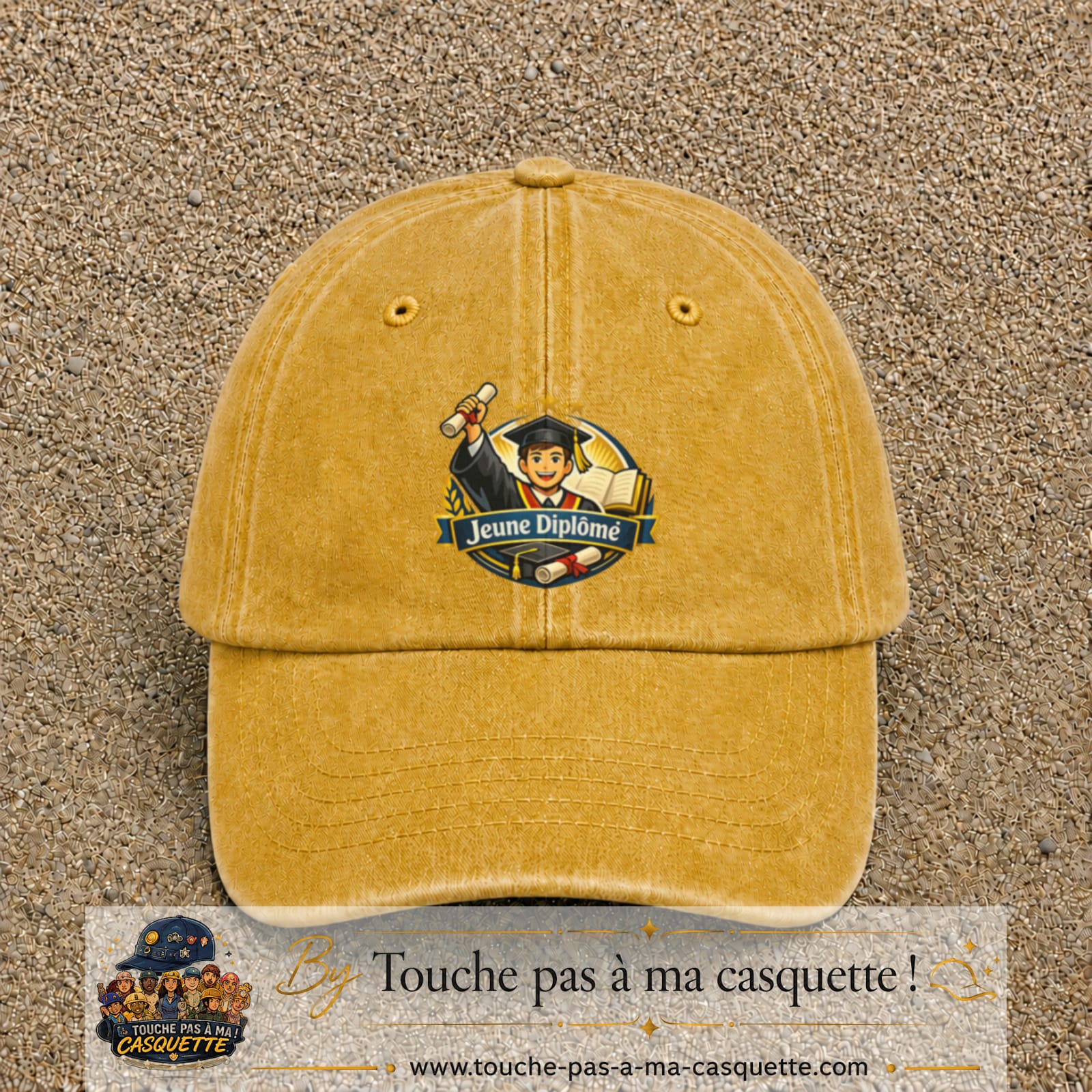 Casquette Jaune délavé - Moutarde délavé avec motif Jeune Diplômé en 7 cm – vue principale