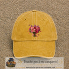 Casquette Jaune délavé - Moutarde délavé avec motif Bouquet de lys et roses avec papillon en 7 cm – vue principale