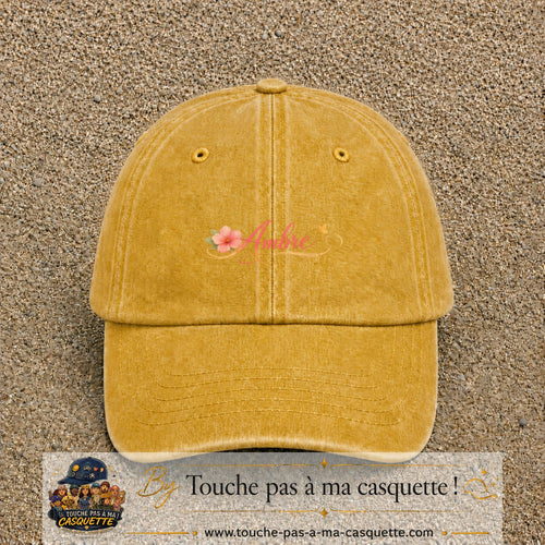 Casquette Jaune délavé - Moutarde délavé avec motif Prénom Ambre fleuri en 3 cm – vue principale