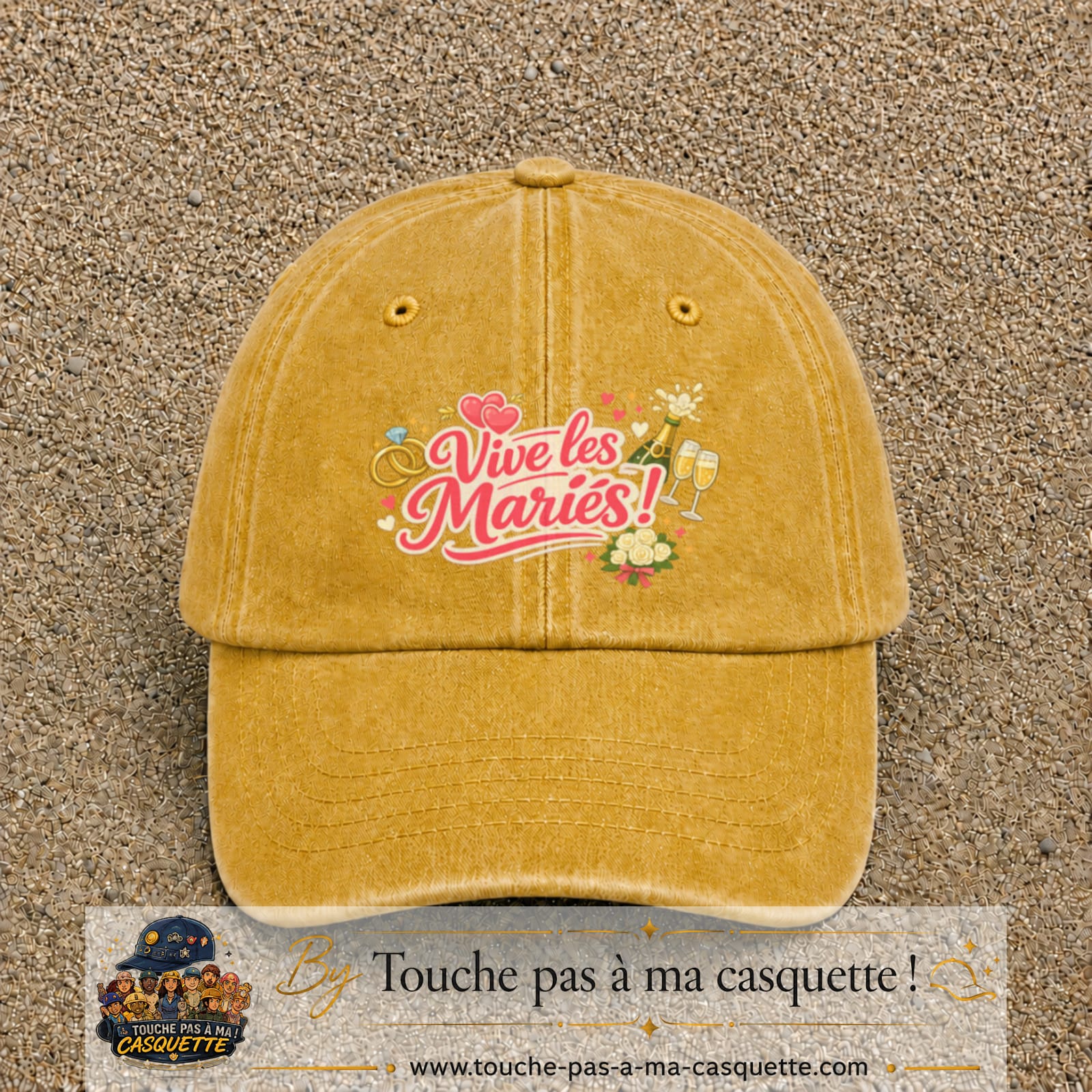 Casquette Jaune délavé - Moutarde délavé avec motif Vive les Mariés en 7 cm – vue principale