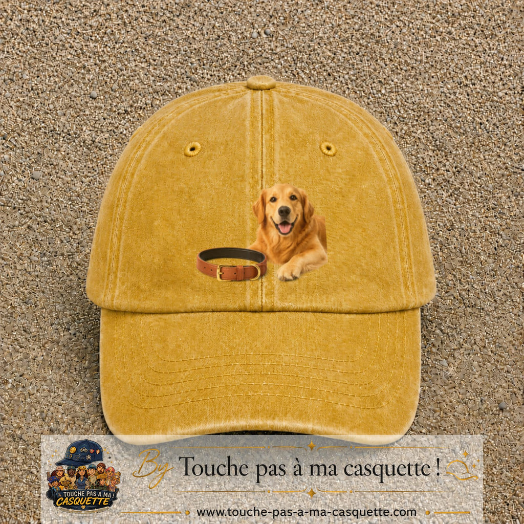 Image principale casquette Jaune délavé - Moutarde délavé avec motif Chien avec collier 7 cm