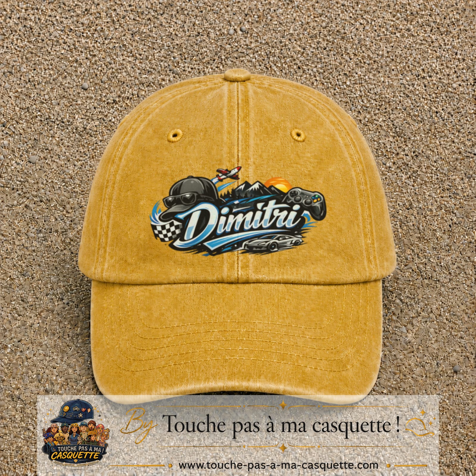 Casquette Jaune délavé - Moutarde délavé avec motif Prénom Dimitri univers vitesse en 7 cm – vue principale