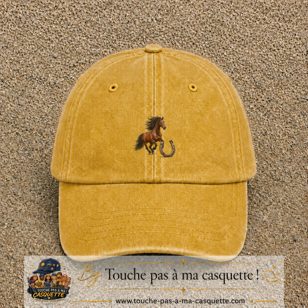 Image principale casquette Jaune délavé - Moutarde délavé avec motif Cheval et fer porte-bonheur 5 cm
