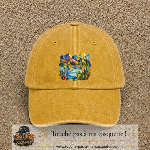Casquette Jaune délavé - Moutarde délavé motif Paysage tropical géométrique logo 7 cm