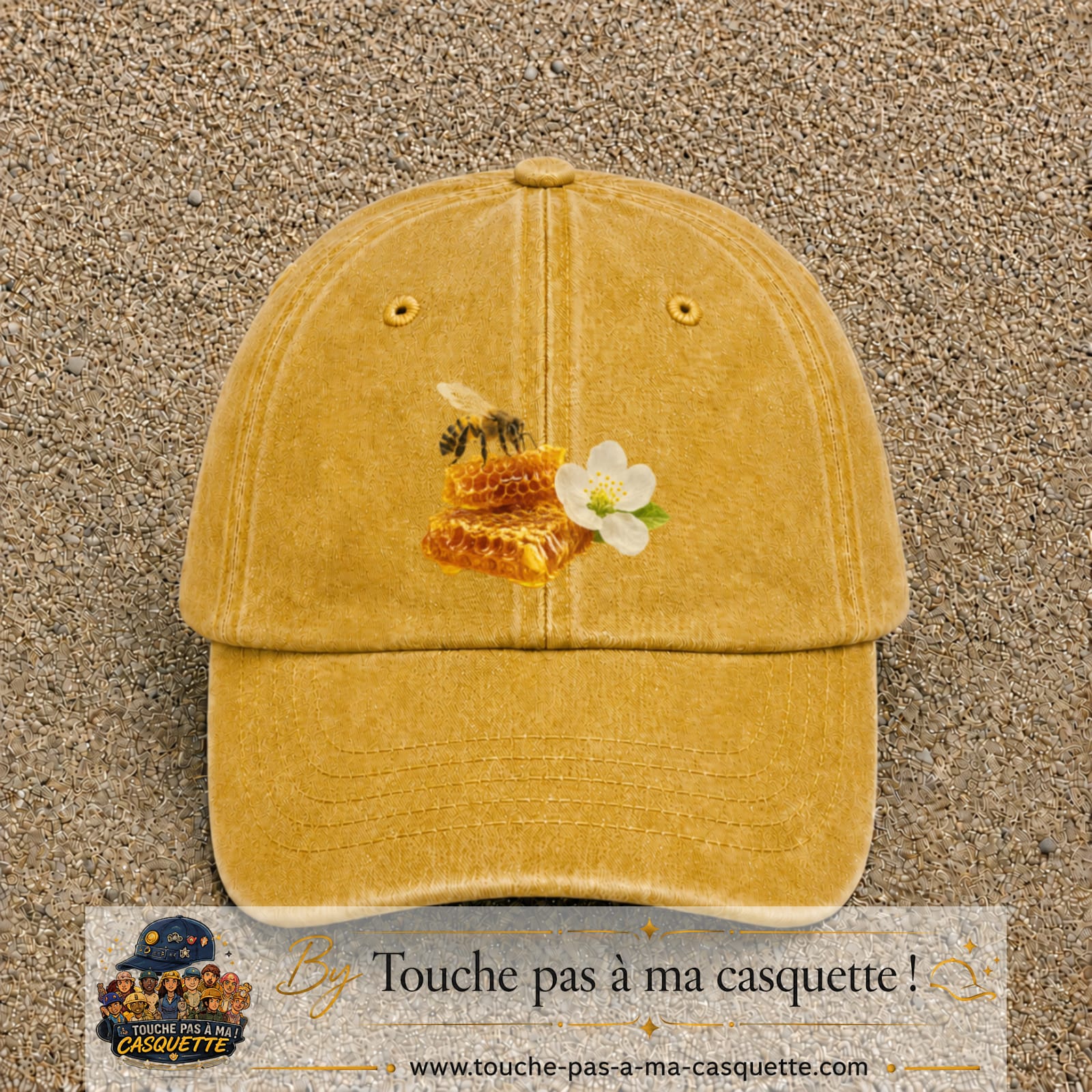 Image principale casquette Jaune délavé - Moutarde délavé avec motif Abeille et miel 7 cm