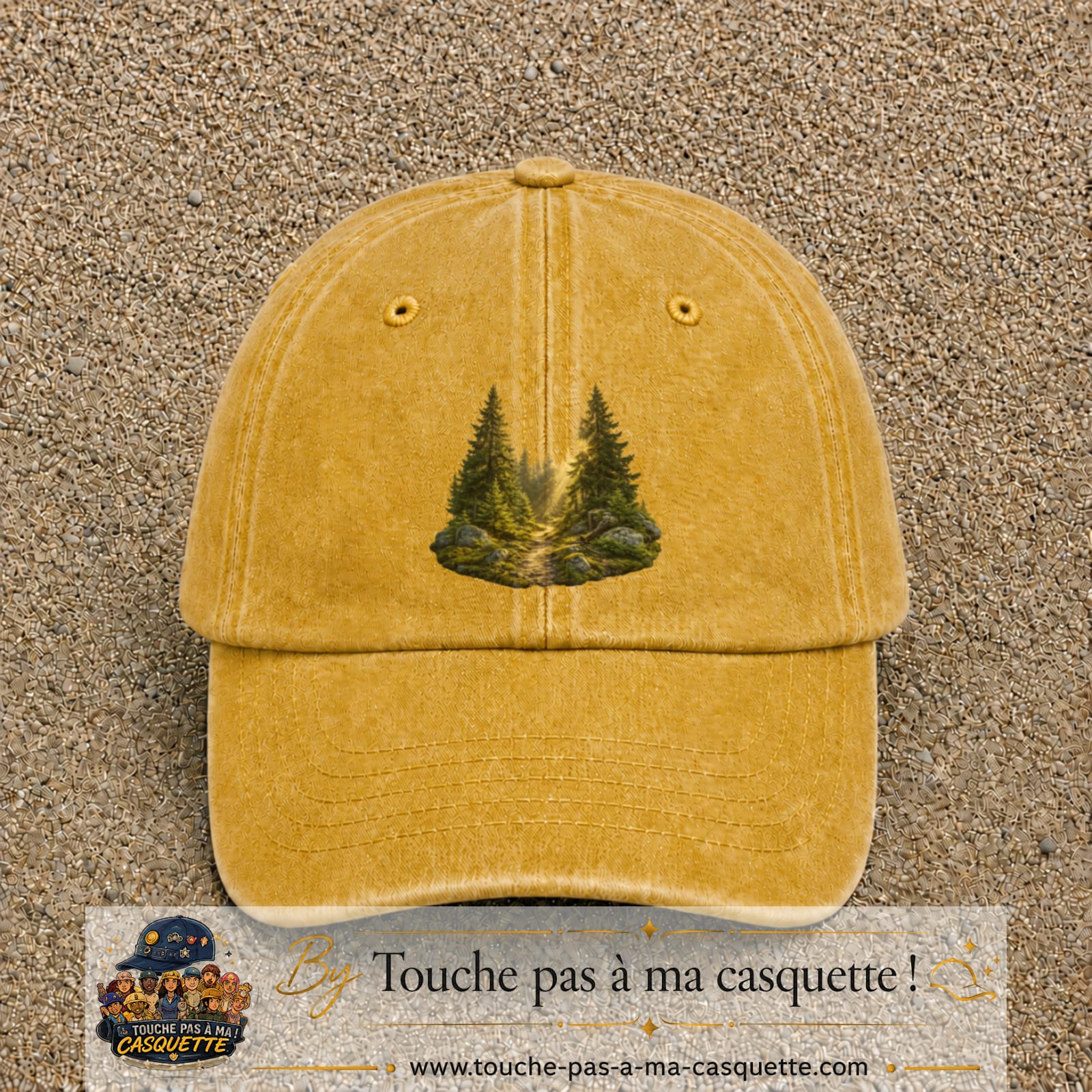 Casquette Jaune délavé - Moutarde délavé motif Forêt de sapins logo 7 cm