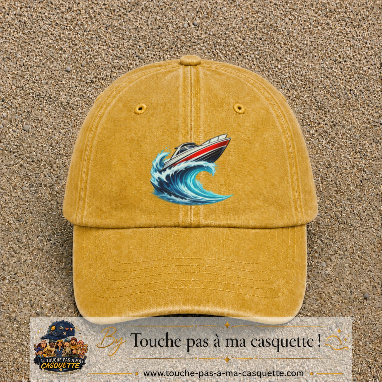 Casquette Jaune délavé - Moutarde délavé avec motif Bateau à moteur sur vague en 7 cm – vue principale