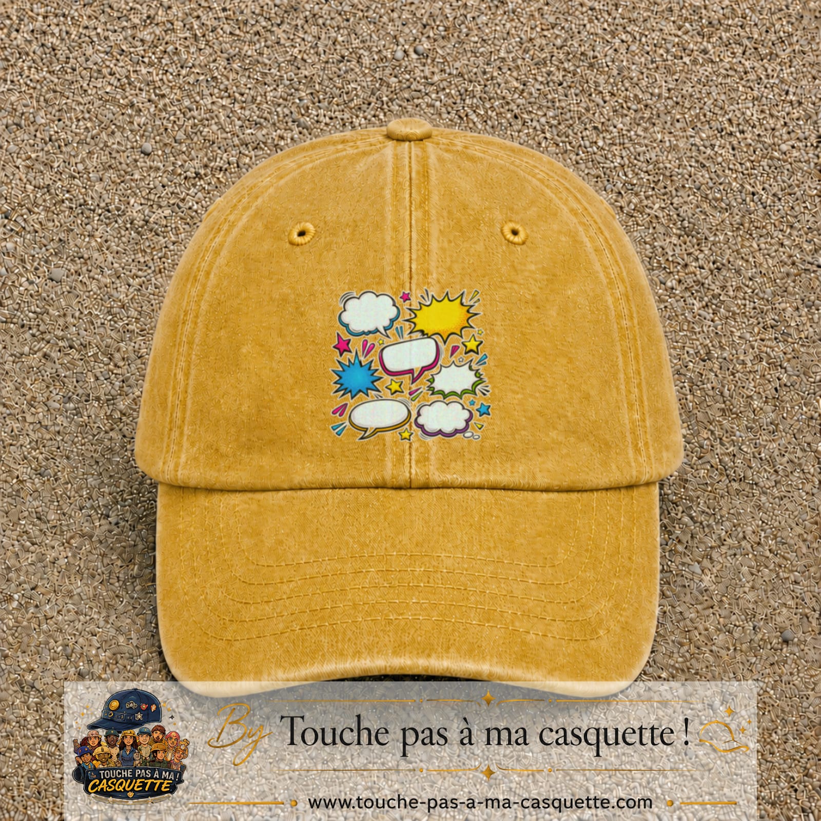 Casquette Jaune délavé - Moutarde délavé motif Bulles de bande dessinée logo 7 cm