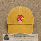 Casquette Jaune délavé - Moutarde délavé motif Bouquet de fleurs logo 7 cm