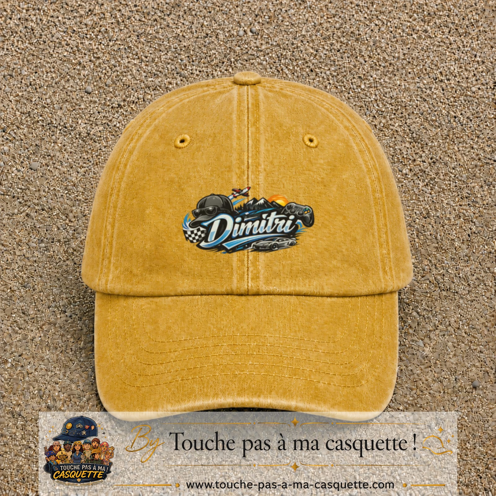Casquette Jaune délavé - Moutarde délavé avec motif Prénom Dimitri univers vitesse en 5 cm – vue principale