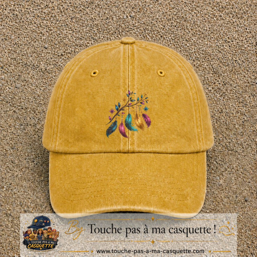Casquette Jaune délavé - Moutarde délavé motif Plumes bohèmes logo 7 cm