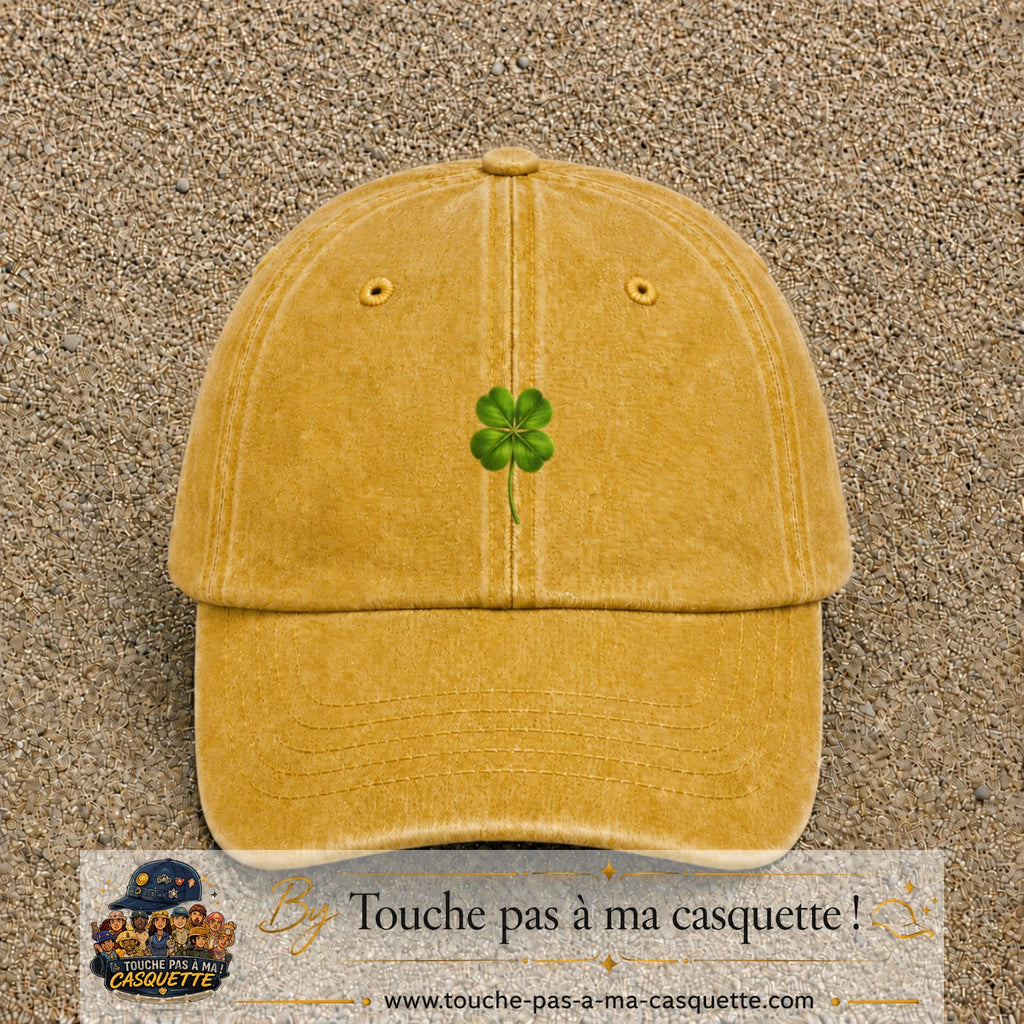 Casquette Jaune délavé - Moutarde délavé motif Trèfle porte-bonheur logo 5 cm