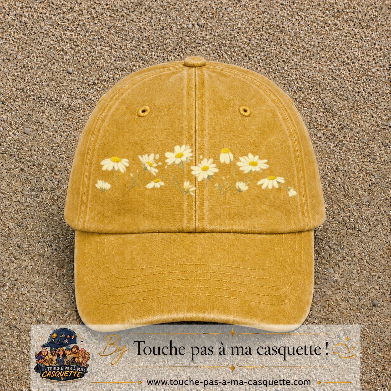 Image principale produit36grosJ - casquette Jaune délavé - Moutarde délavé avec visuel Guirlande de marguerites 7 cm