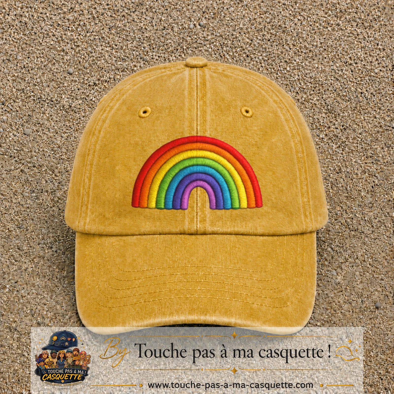 Image principale produit24grosJ - casquette Jaune délavé - Moutarde délavé avec visuel Arc-en-ciel 7 cm