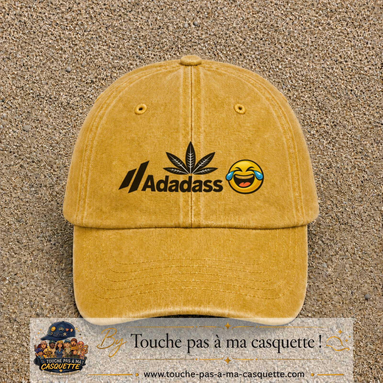 Image principale produit37moyenJ - casquette Jaune délavé - Moutarde délavé avec visuel Adadass emoji rieur 5 cm
