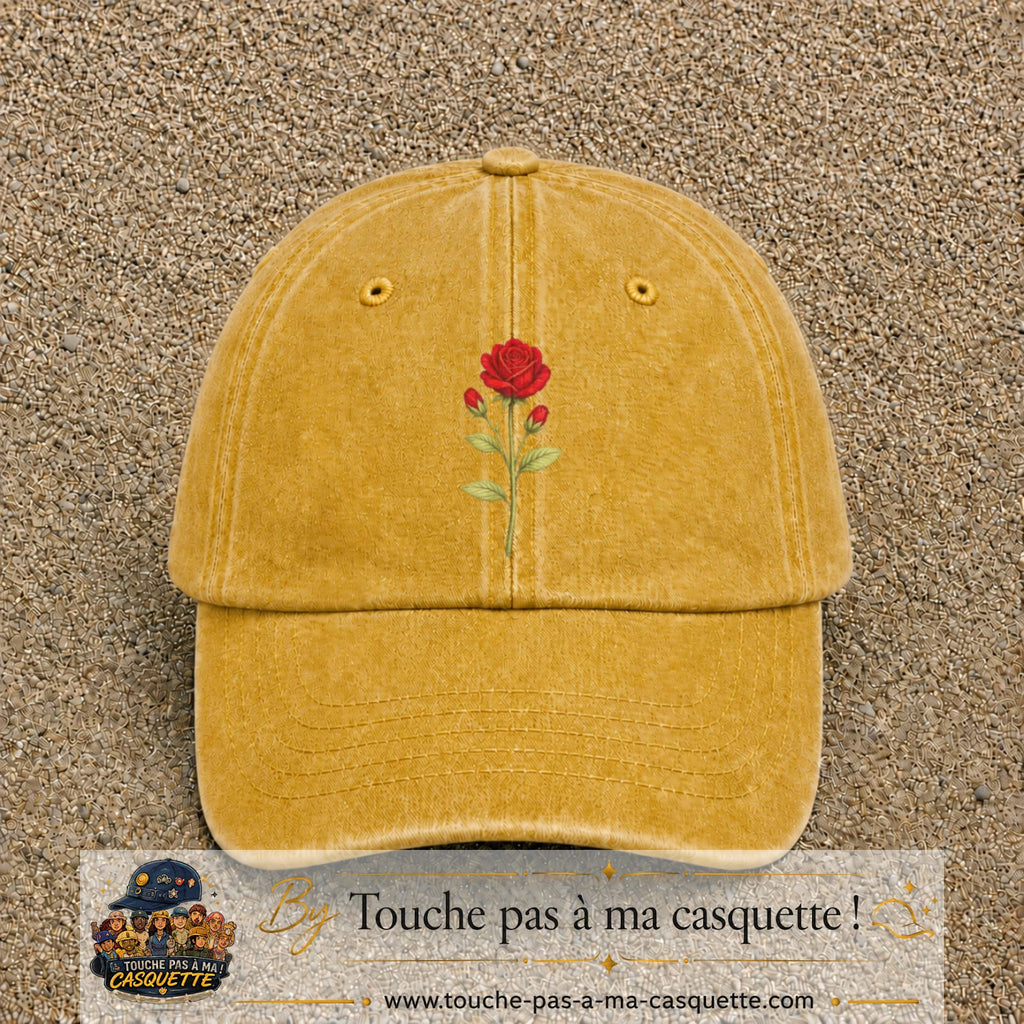 Image principale produit199grosJ - casquette Jaune délavé - Moutarde délavé avec visuel Rose florale 7 cm