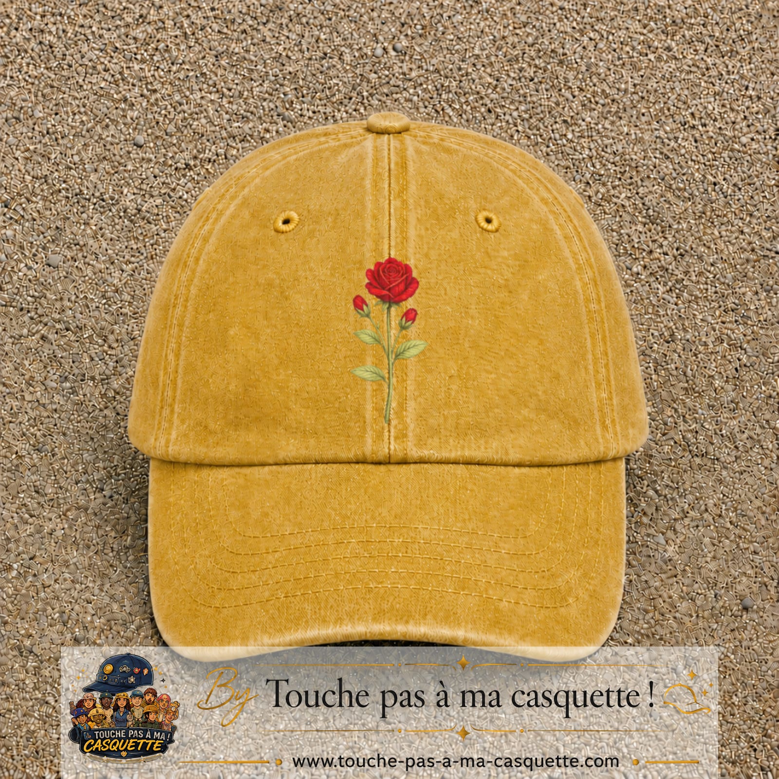 Image principale produit199grosJ - casquette Jaune délavé - Moutarde délavé avec visuel Rose florale 7 cm