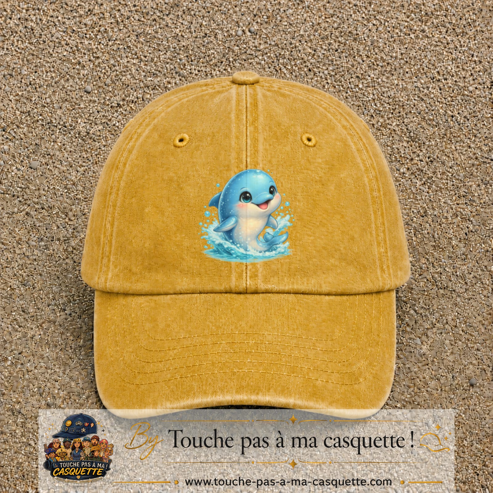 Image principale produit85grosJ - casquette Jaune délavé - Moutarde délavé avec visuel Dauphin 7 cm
