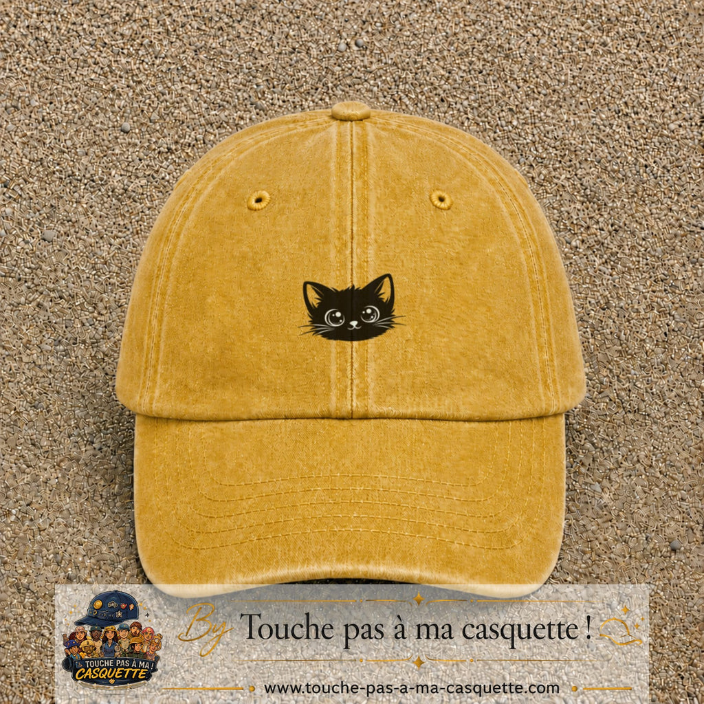 Image principale produit2petitJ - casquette Jaune délavé - Moutarde délavé avec visuel Chat noir yeux ronds 3 cm