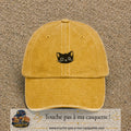 Image principale produit2petitJ - casquette Jaune délavé - Moutarde délavé avec visuel Chat noir yeux ronds 3 cm