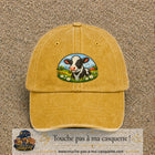 Image principale produit72grosJ - casquette Jaune délavé - Moutarde délavé avec visuel Vache paysage 7 cm