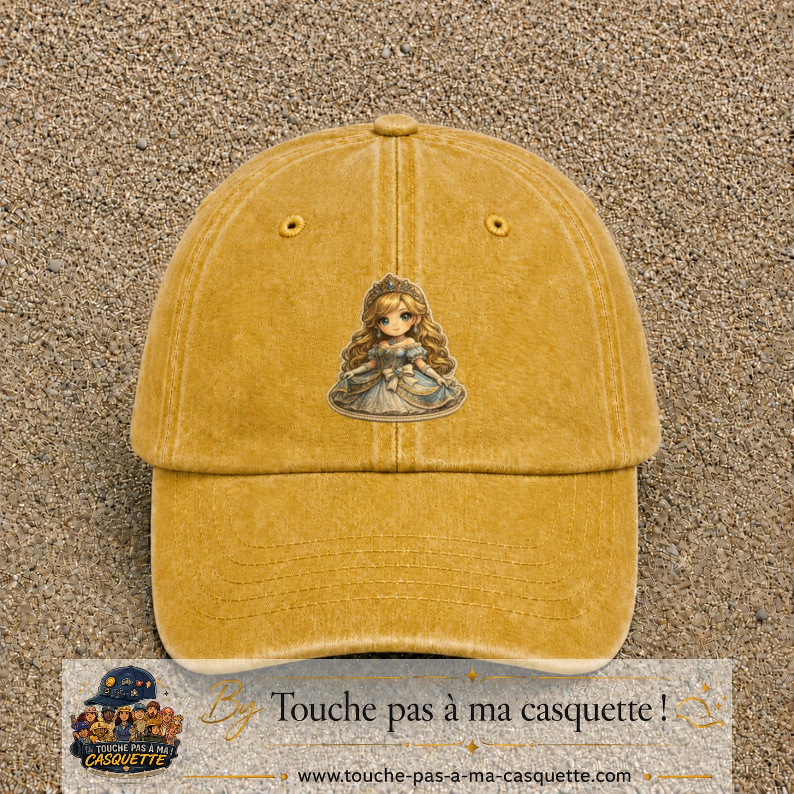 Image principale produit94grosJ - casquette Jaune délavé - Moutarde délavé avec visuel Princesse poupée 7 cm
