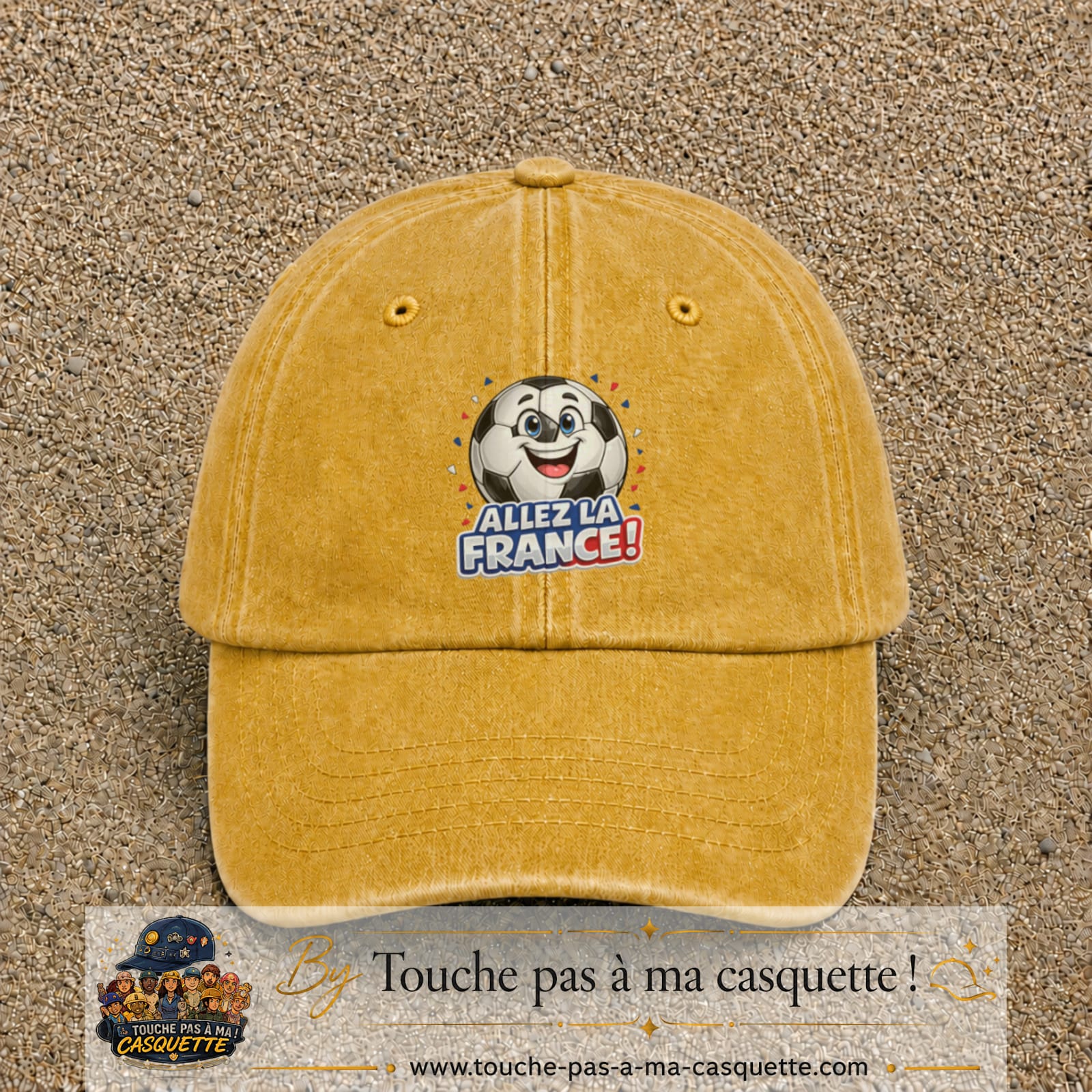 Image principale produit185grosJ - casquette Jaune délavé - Moutarde délavé avec visuel Ballon Allez la France 7 cm