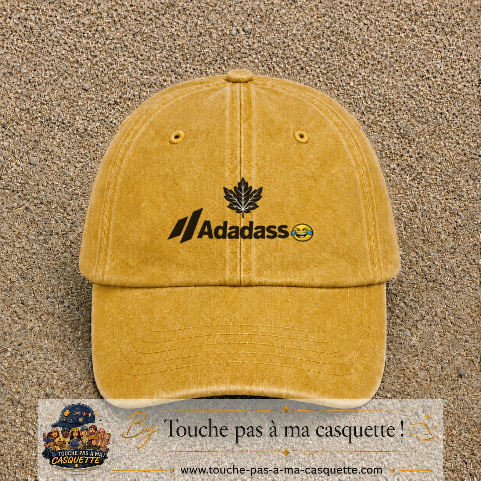 Image principale produit38moyenJ - casquette Jaune délavé - Moutarde délavé avec visuel Adadass feuille d’érable 5 cm
