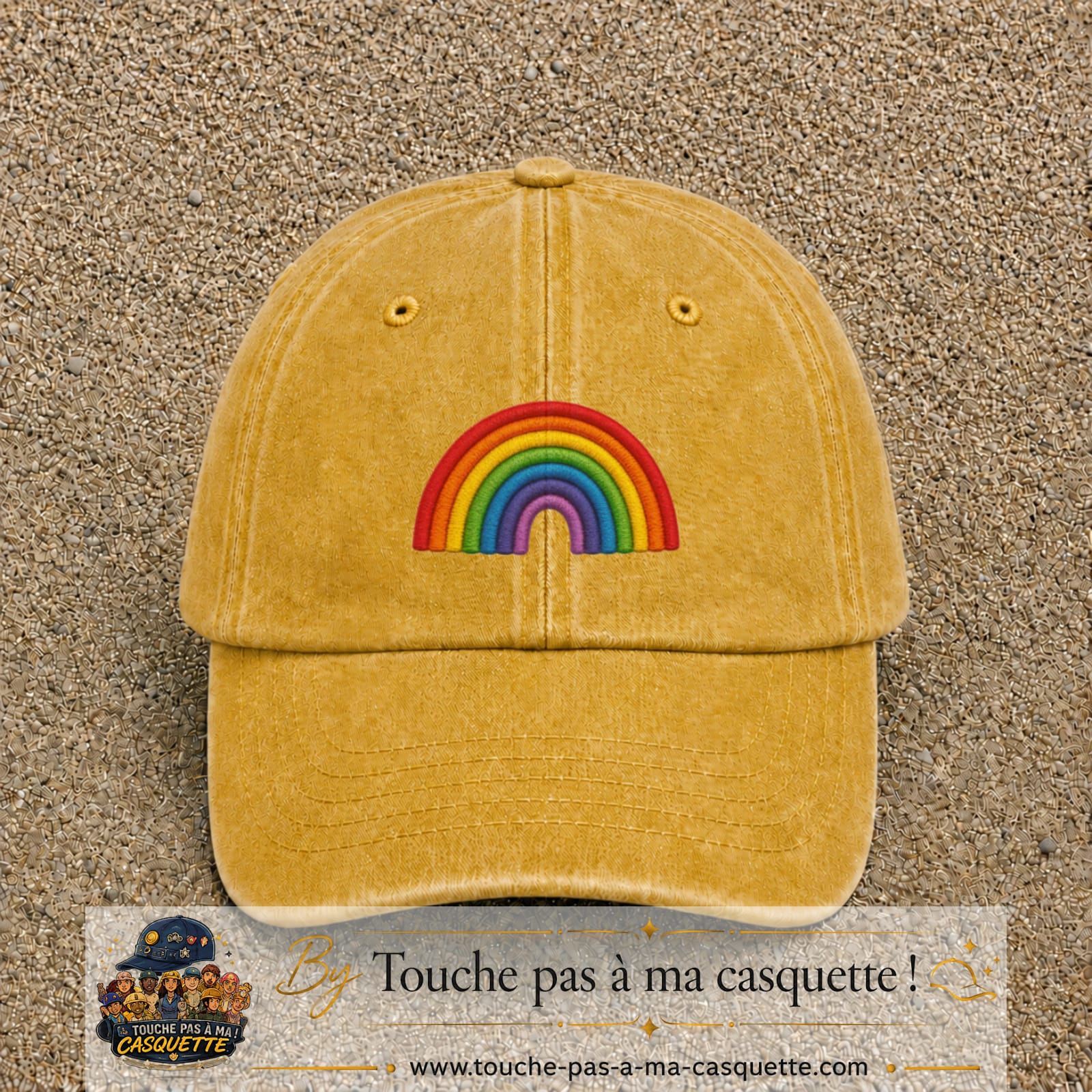 Image principale produit187moyenJ - casquette Jaune délavé - Moutarde délavé avec visuel Arc-en-ciel 5 cm